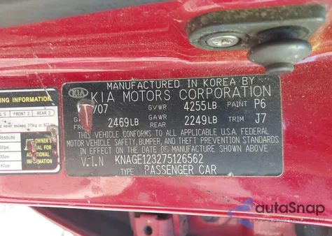 2007 Kia Optima Lx z USA, uszkodzony, nr VIN KNAGE123275126562